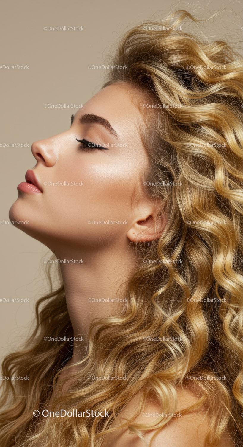 Profile of young woman with natural curly blonde hair