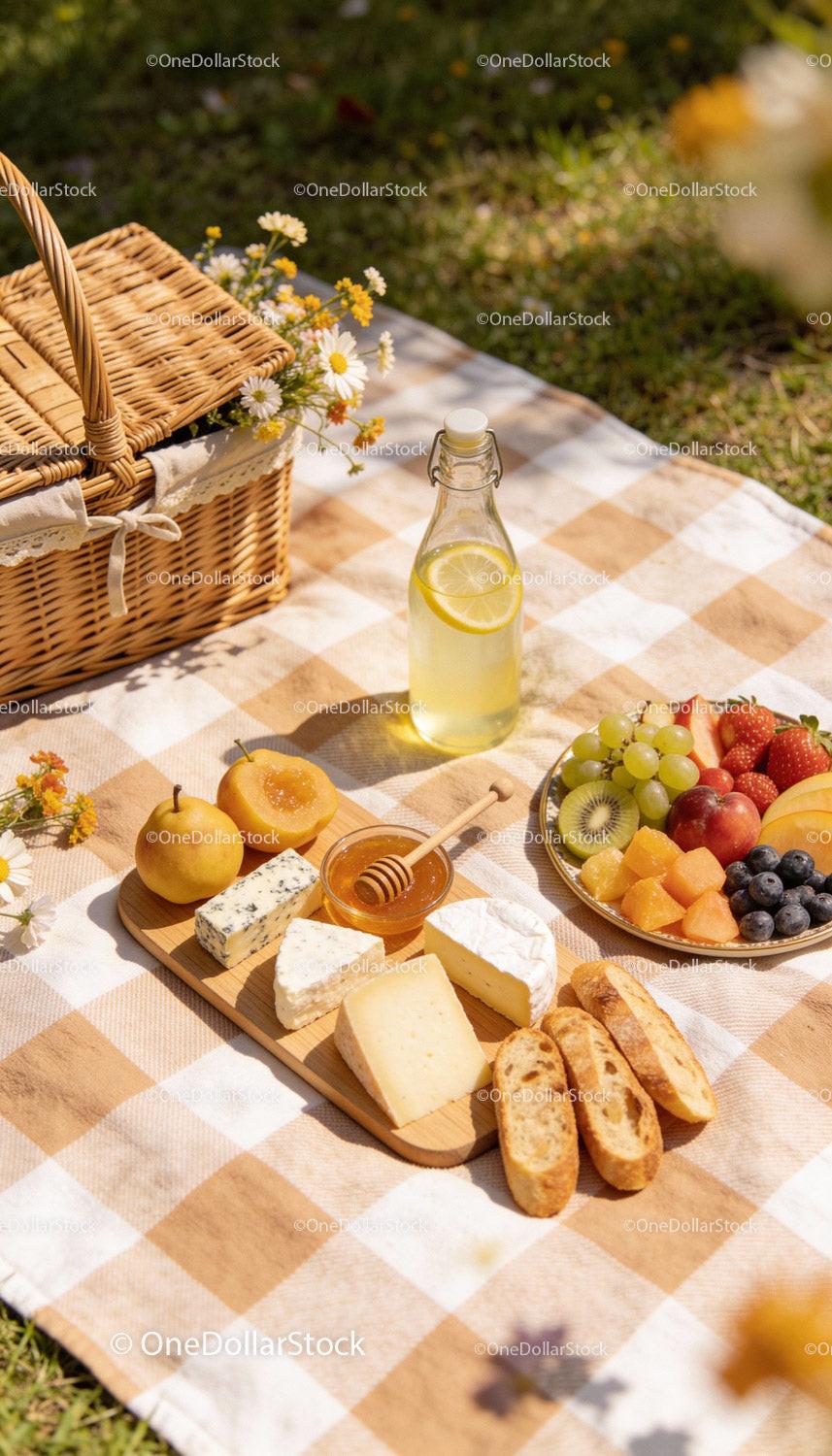 Summer picnic with cheese, fresh fruit and lemonade