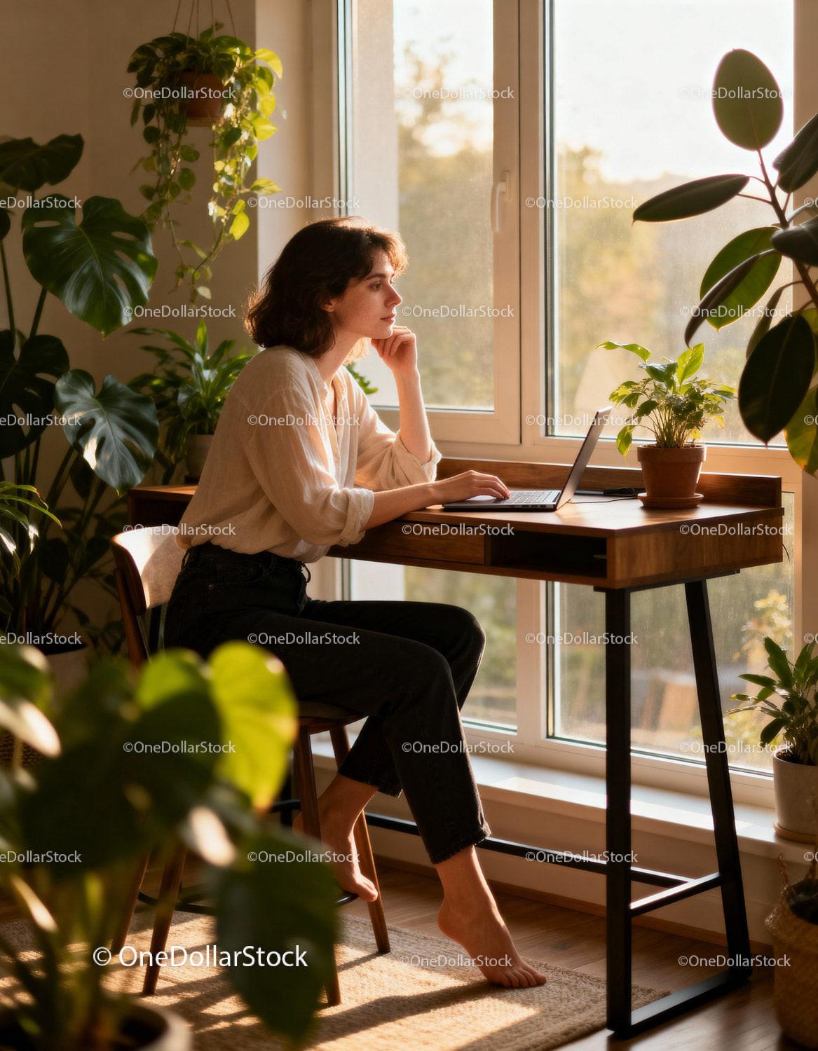 Woman working thoughtfully on laptop by sunny window