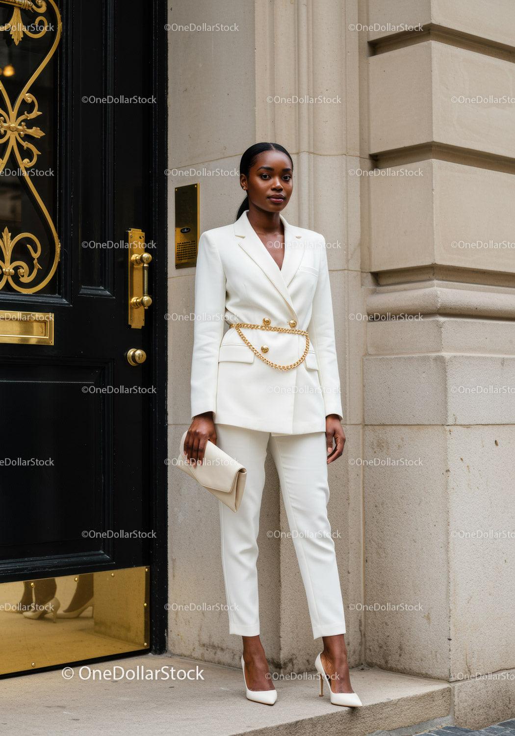 Elegant woman in white suit standing by ornate door
