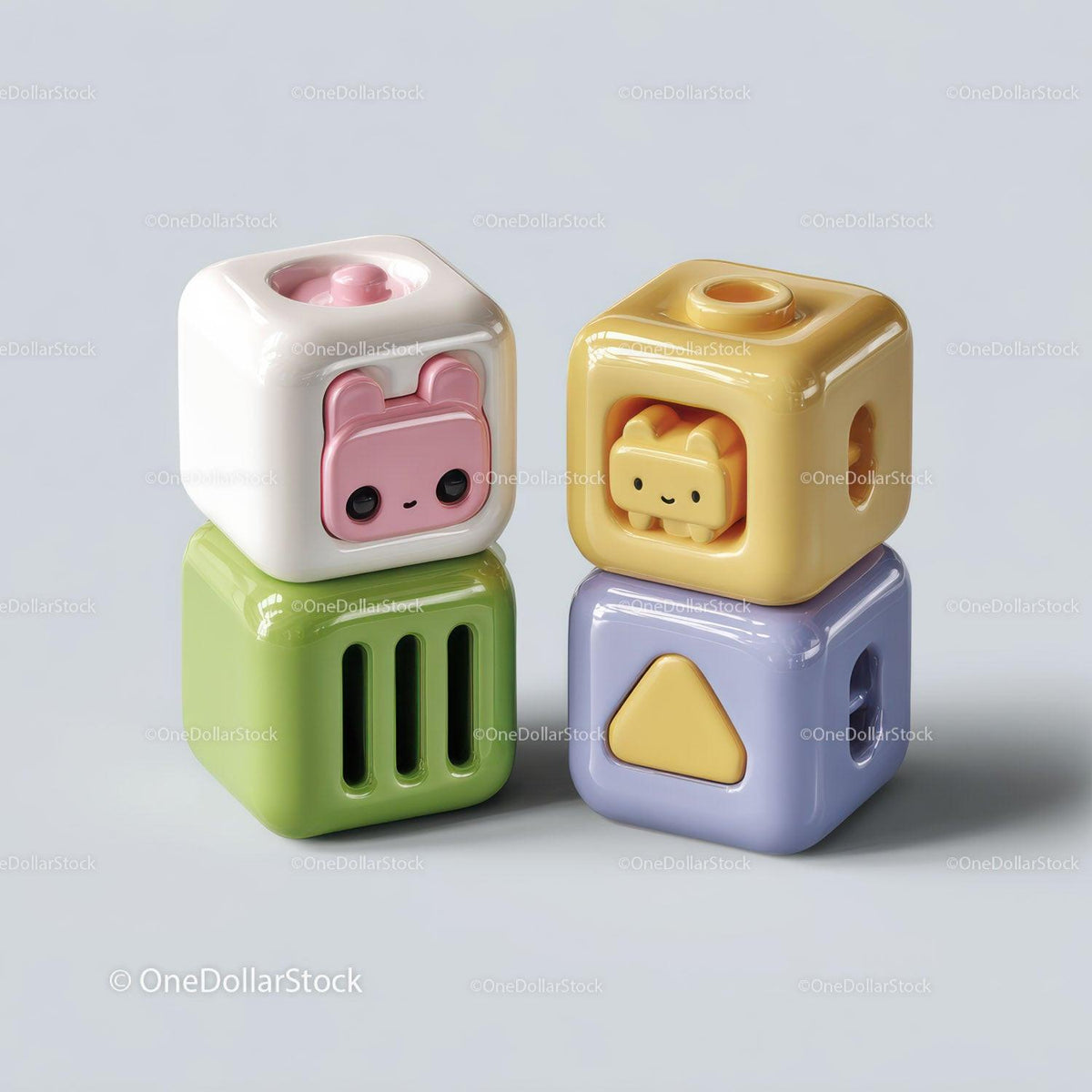 Four colorful plastic stacking cubes with animal faces and shapes on white background