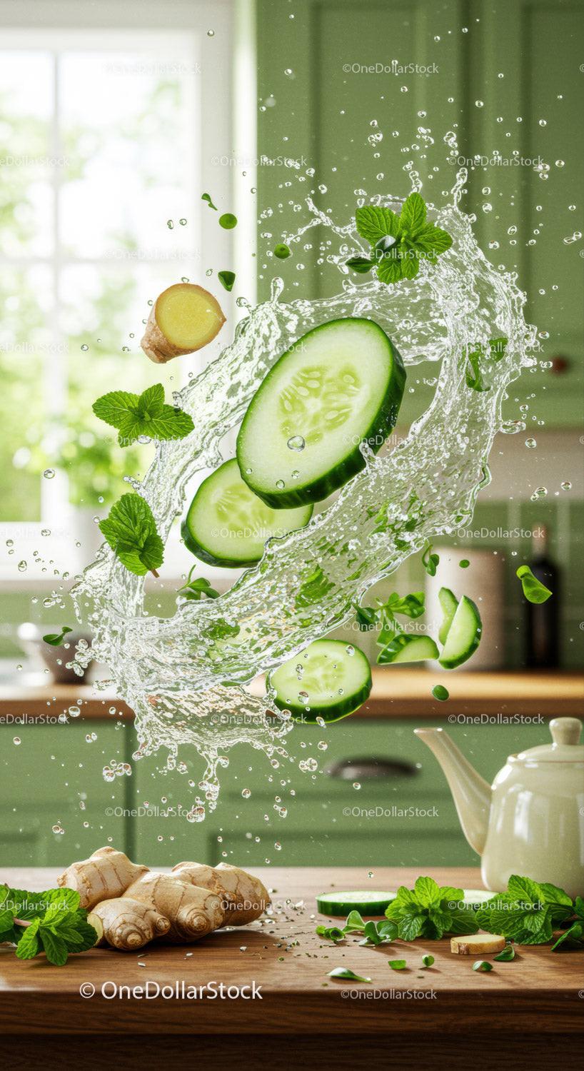 Fresh cucumber slices and mint leaves splashing water