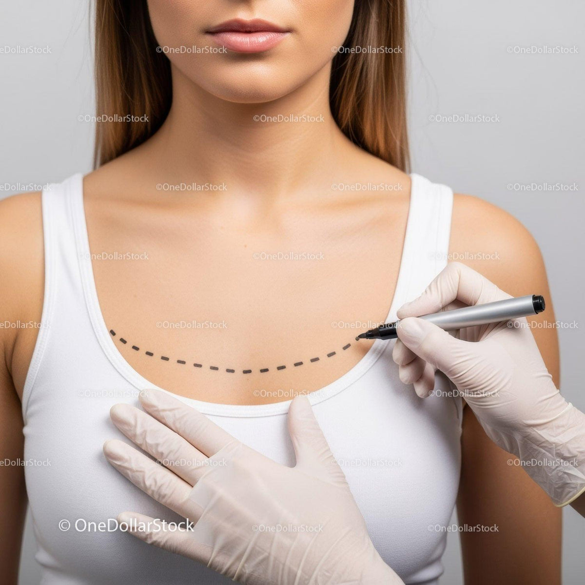 Close Up of Woman Undergoing Breast Examination or Surgery