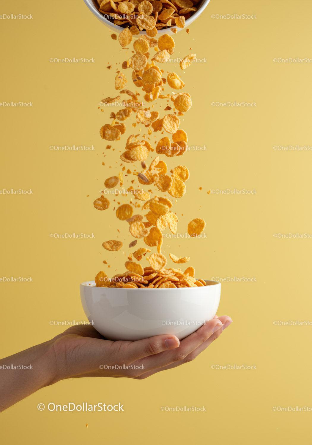 Cornflakes Falling Into White Bowl Held by Hand