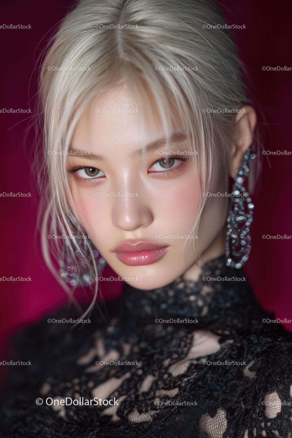 Portrait of a Young Woman with Blonde Hair and Blue Eyes in Black Lace Top