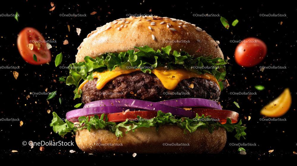 Juicy Gourmet Burger with Fresh Vegetables on Dark Background Stock Photo Bundle preview 14
