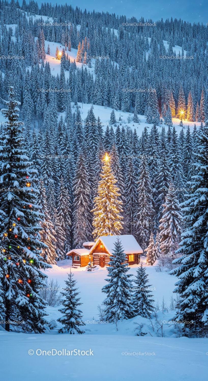 Cozy snowy cabin surrounded by illuminated pine trees