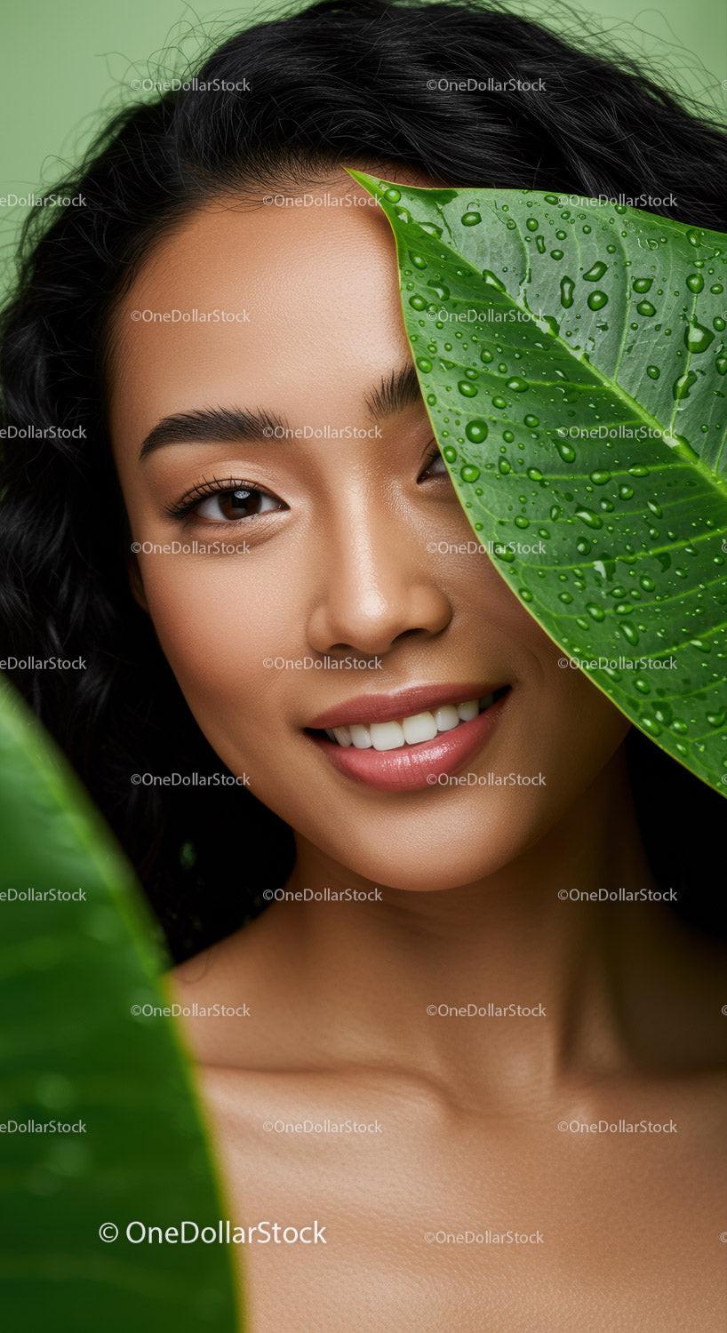 Beautiful Woman with Lush Green Leaves and Radiant Skin