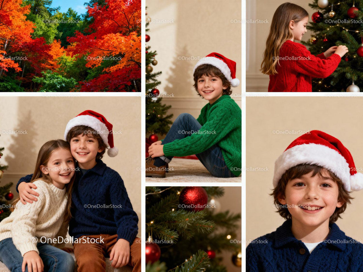 Children Decorating Christmas Tree and Autumn Foliage