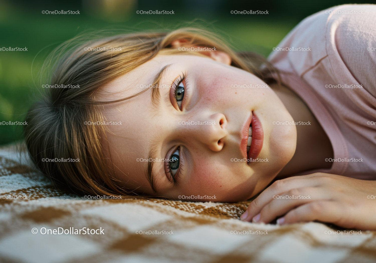 Calm young girl lying on blanket outdoors in soft light