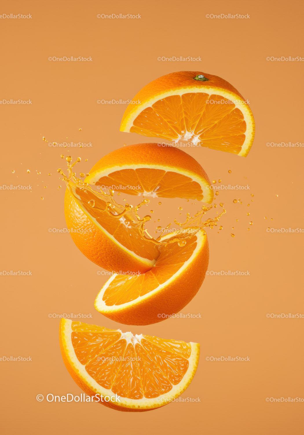 Fresh orange slices with vibrant juice splash