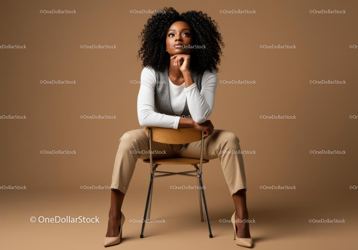 Thoughtful Woman Seated in Elegant Attire Against Brown Background Stock Photo Bundle preview 15