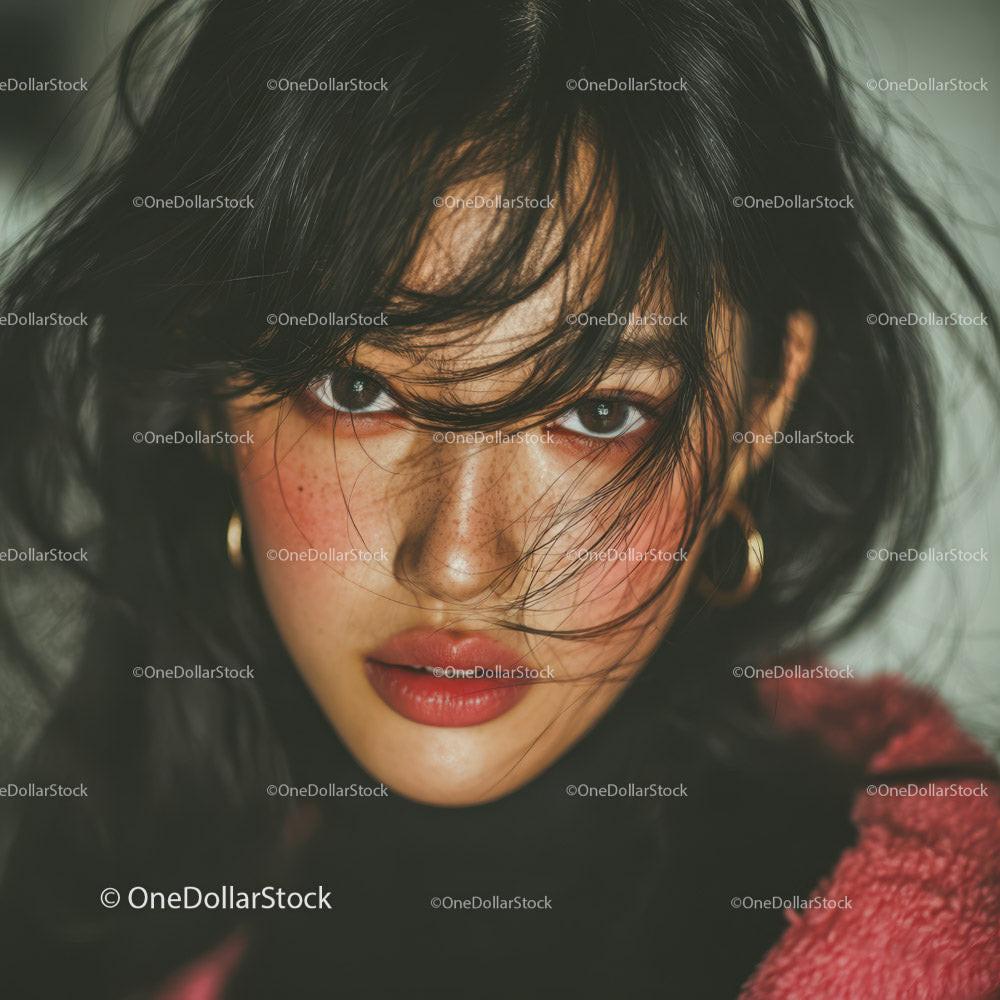 Close-up of Woman with Dark Hair and Bold Makeup in Artistic Portrait