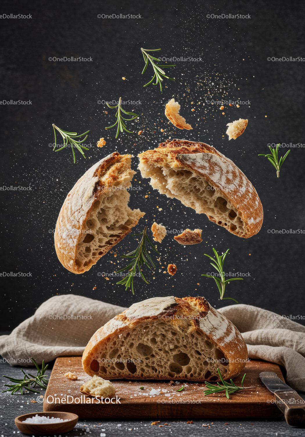 Rustic bread breaking apart with fresh rosemary herbs