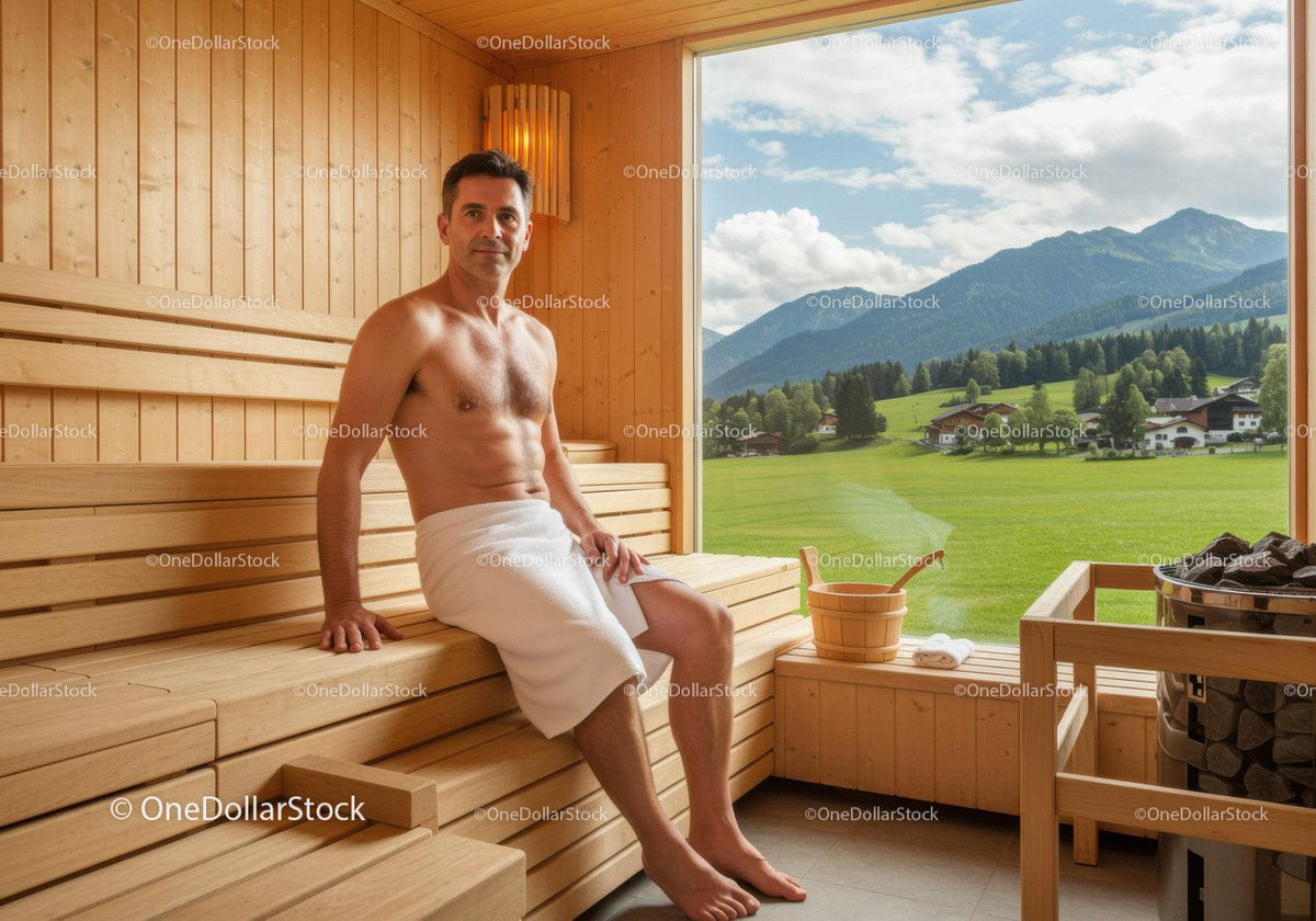 Man Relaxing in Wooden Sauna with Scenic Mountain View