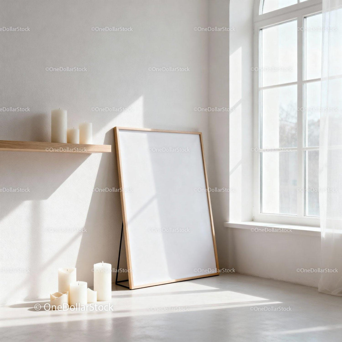 Minimalist room with frame and white candles by window JPG Mockup Image preview