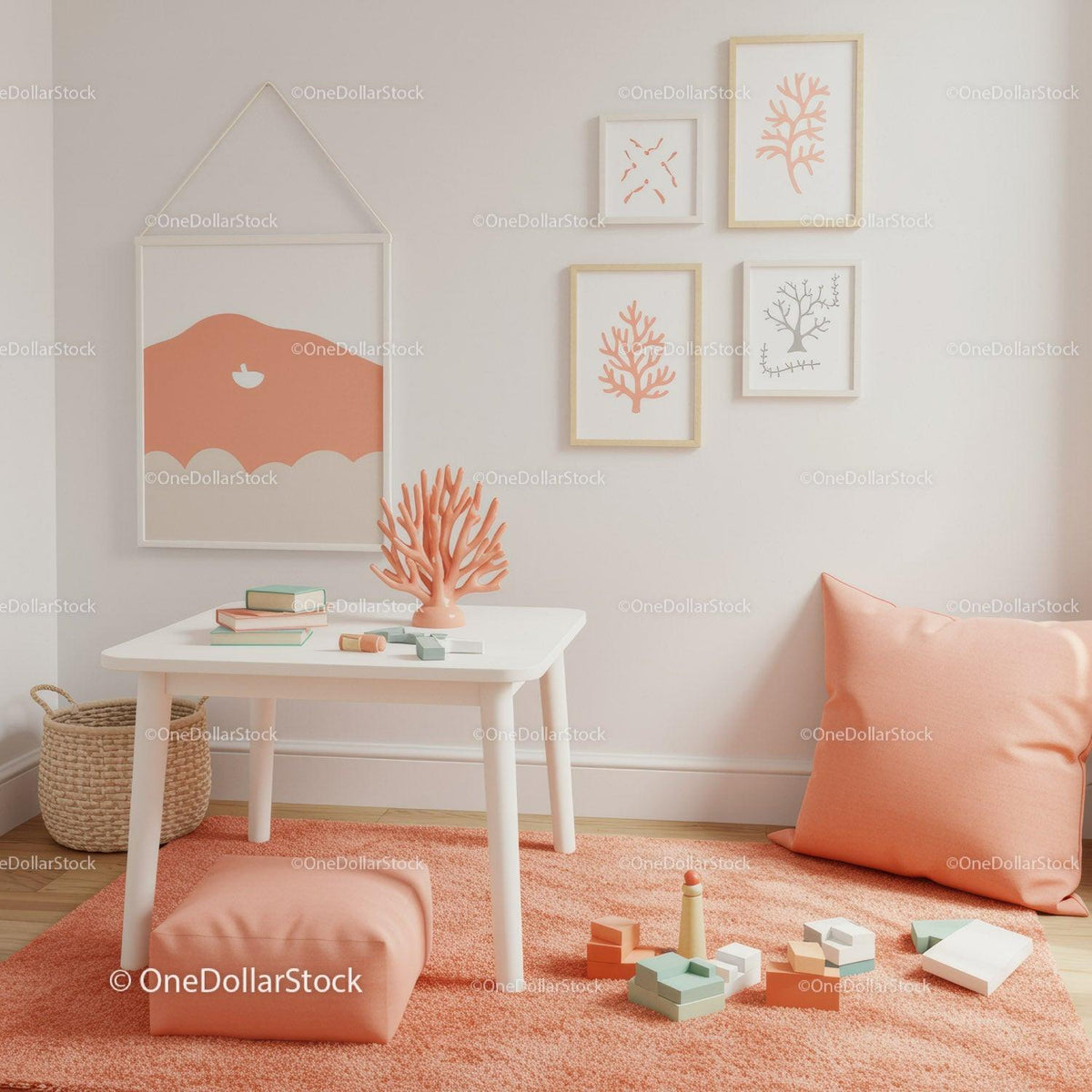 Stylish Children's Room Decor with Peach Cushions and Coral Wall Art