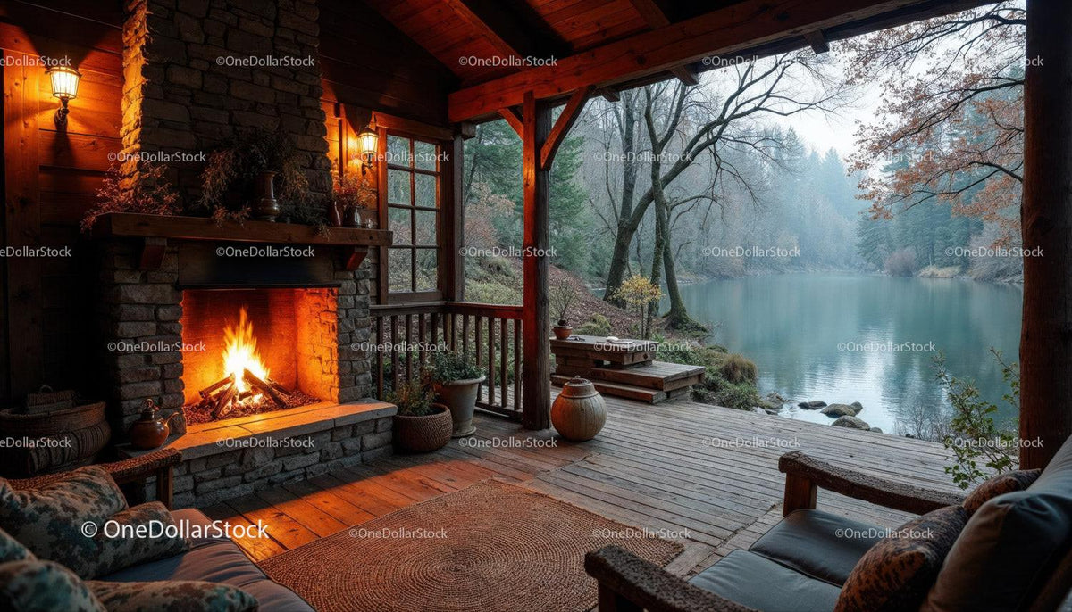 Rustic Cabin Porch with Firepit and Scenic River View Stock Photo Bundle preview 15