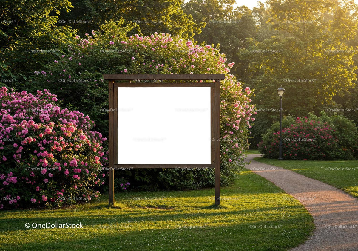 Blank Wooden Signboard in Rose Garden at Sunset JPG Mockup Image preview