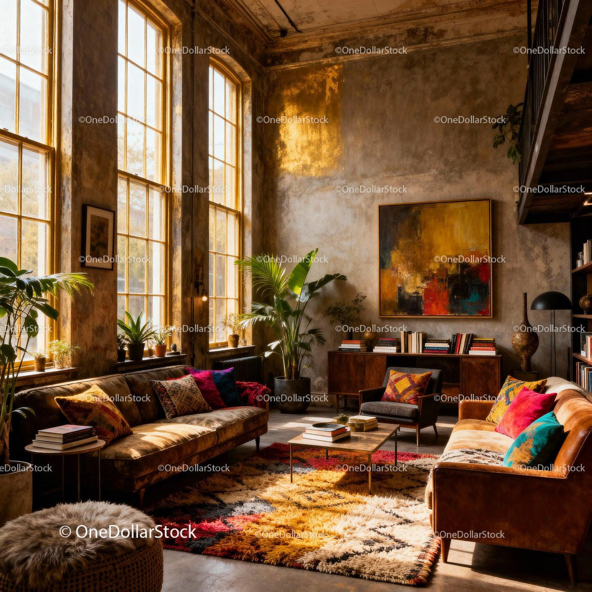 Spacious cozy living room with warm sunlight and plants