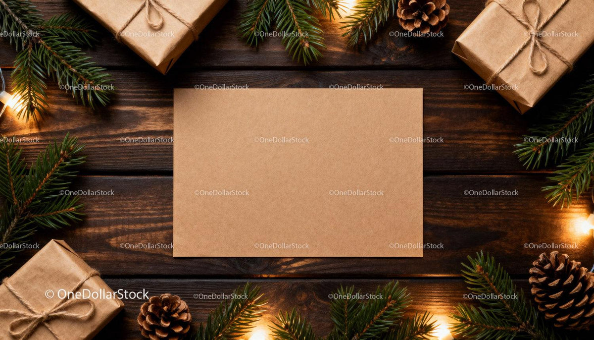 Blank Kraft Paper Card with Christmas Gift Decorations JPG Mockup Image preview