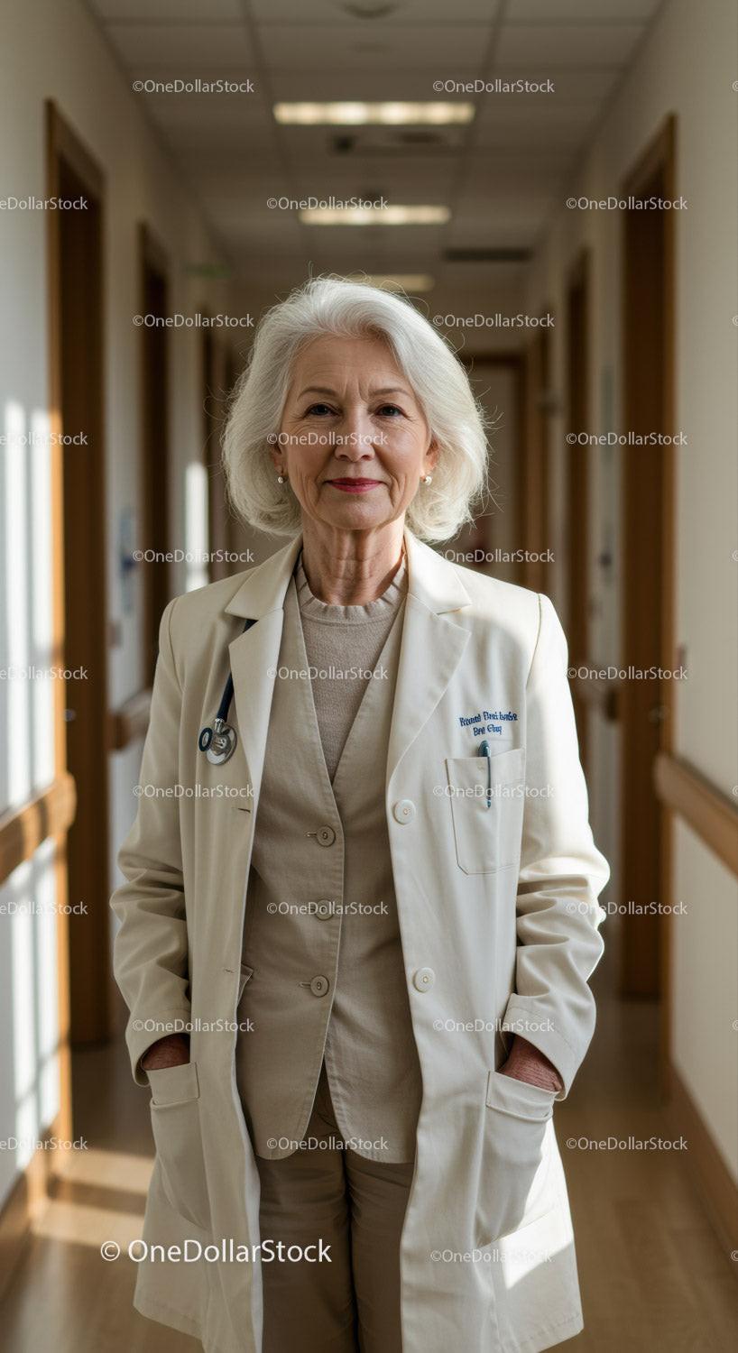 Senior Female Doctor Standing Confidently in Hospital Hallway