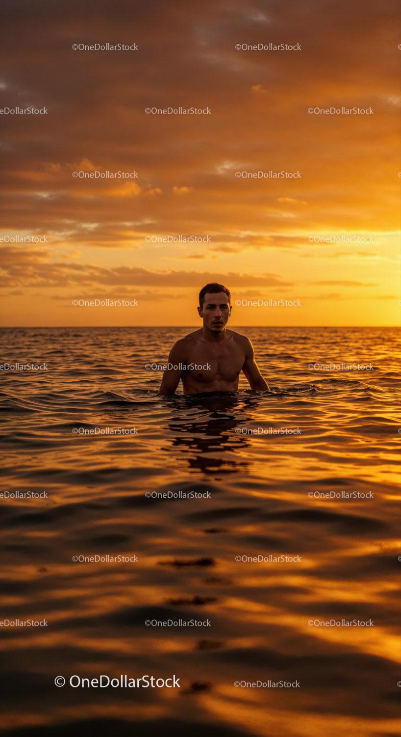 Serene Man Swimming in Ocean During Vibrant Sunset Stock Photo Bundle preview 14