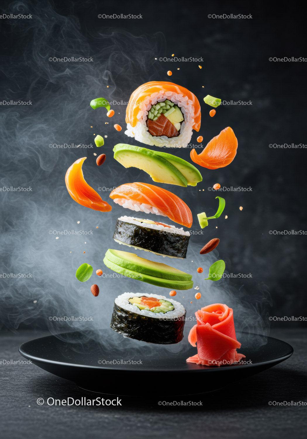 Deconstructed fresh sushi roll with floating ingredients