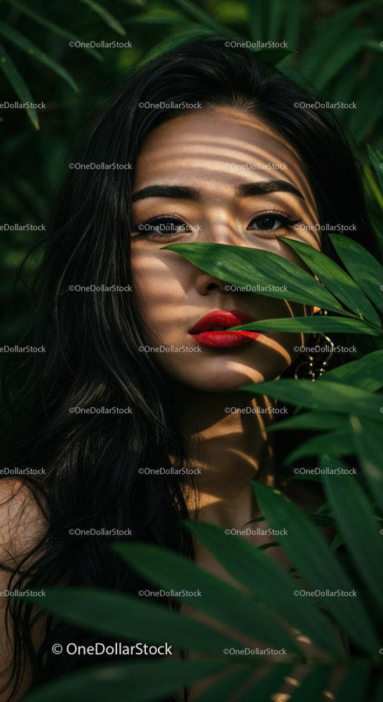 Elegant Woman with Dark Hair and Red Lips in Tropical Jungle