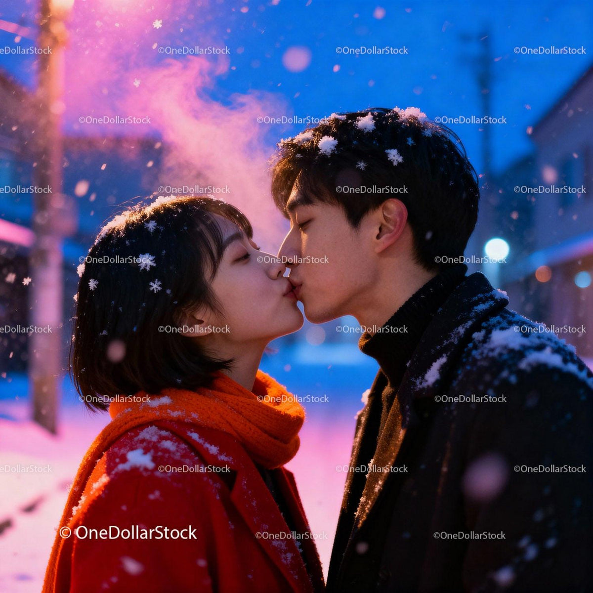 Couple sharing a tender kiss on snowy winter evening