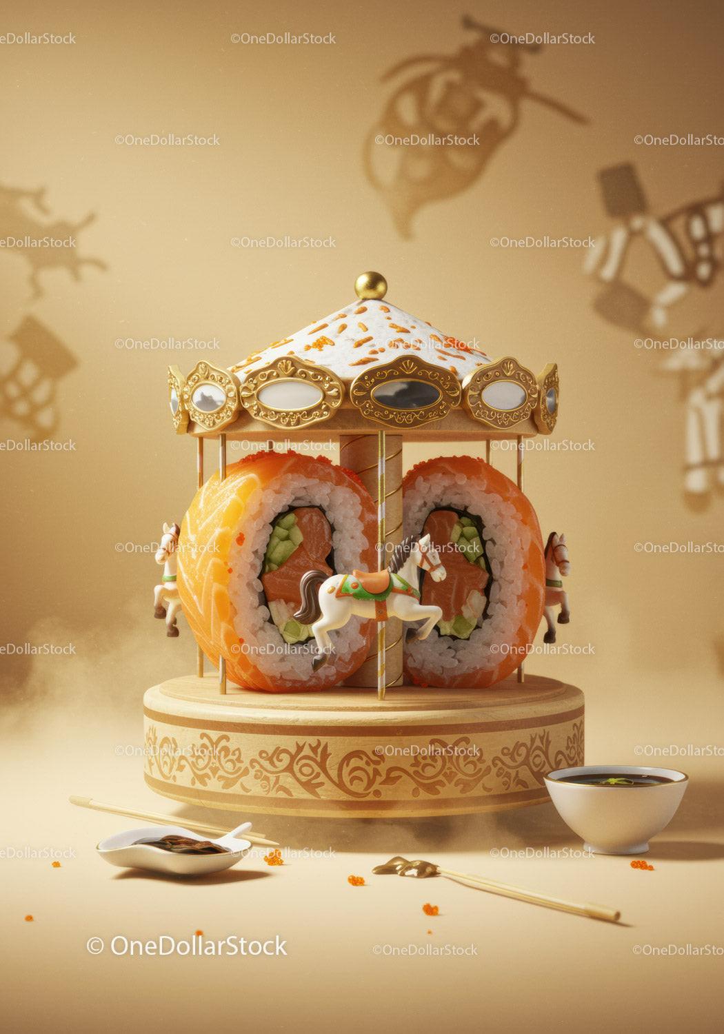 Creative sushi carousel with soy sauce and chopsticks