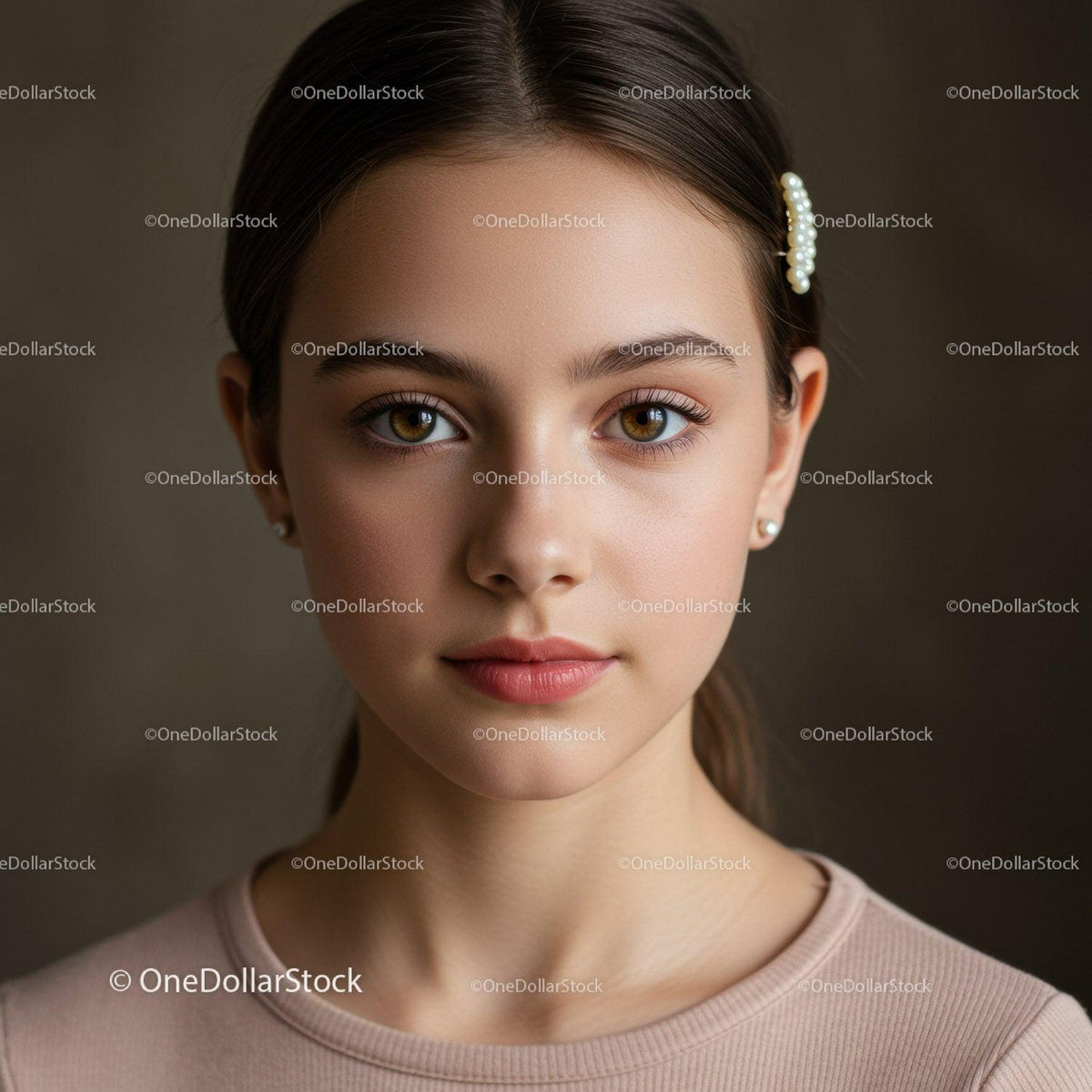 Elegant Young Woman Portrait with Pearls and Natural Look