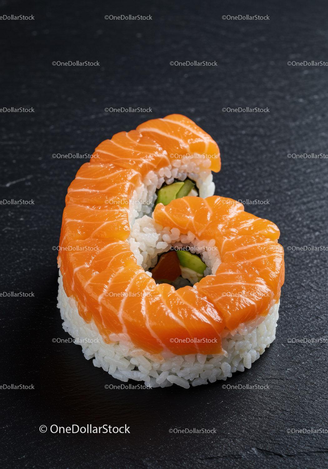 Salmon Sushi Roll Shaped as Number Six
