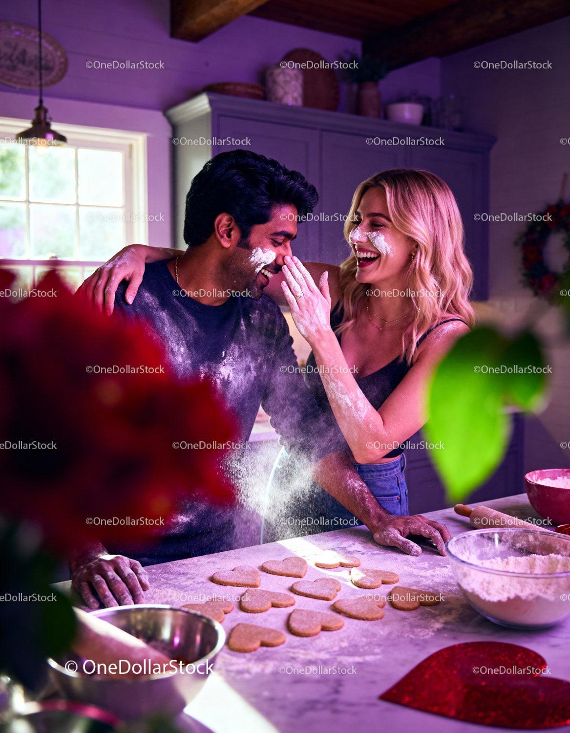 Couple playfully baking heart cookies in cozy kitchen
