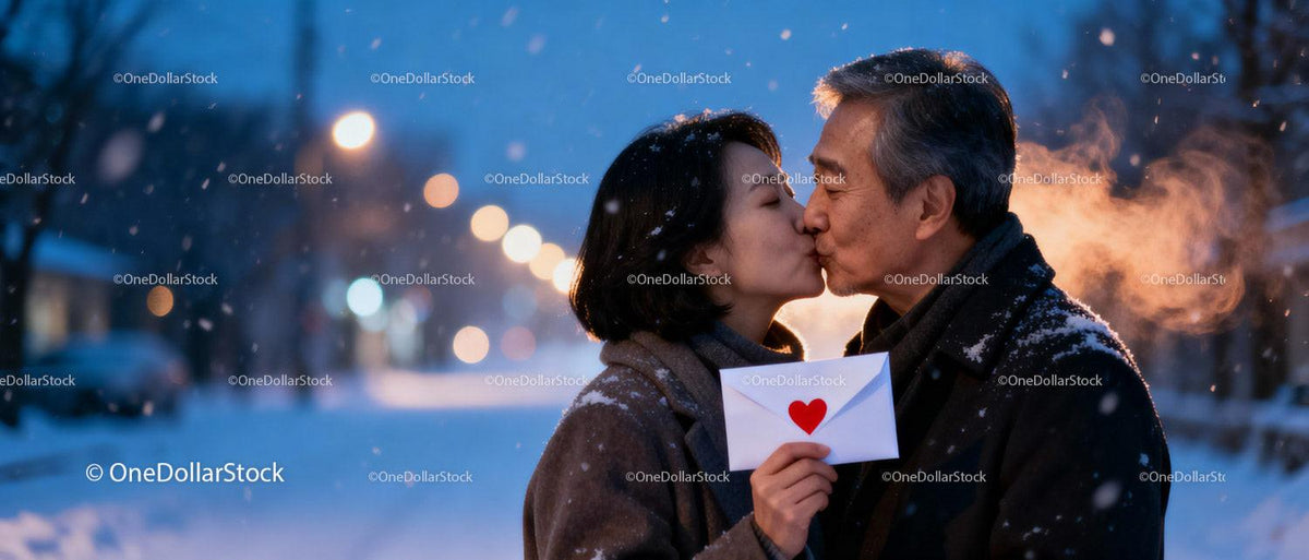 Couple sharing a tender kiss with a love letter in winter
