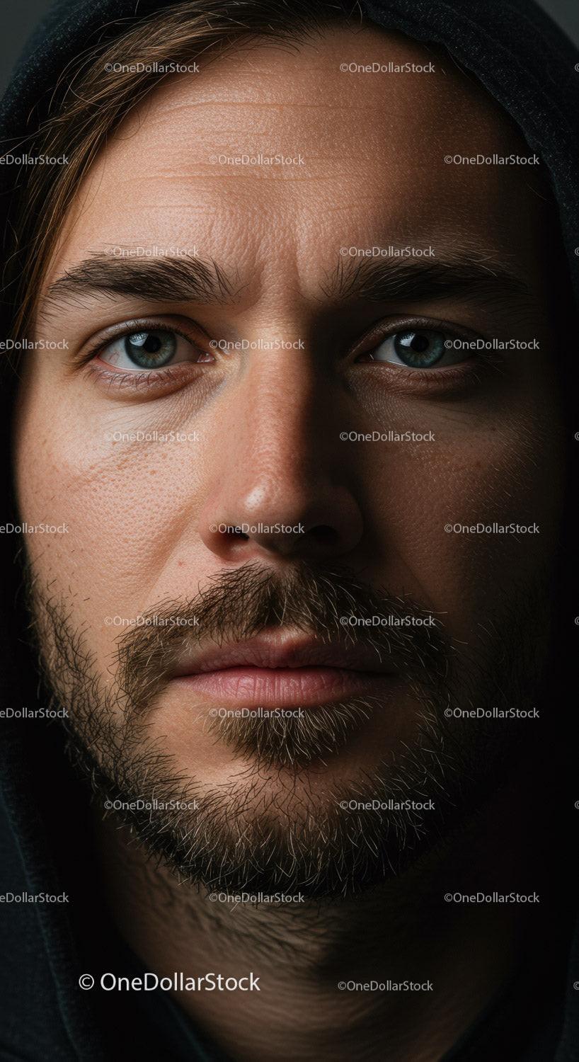 Closeup portrait of thoughtful man wearing dark hoodie