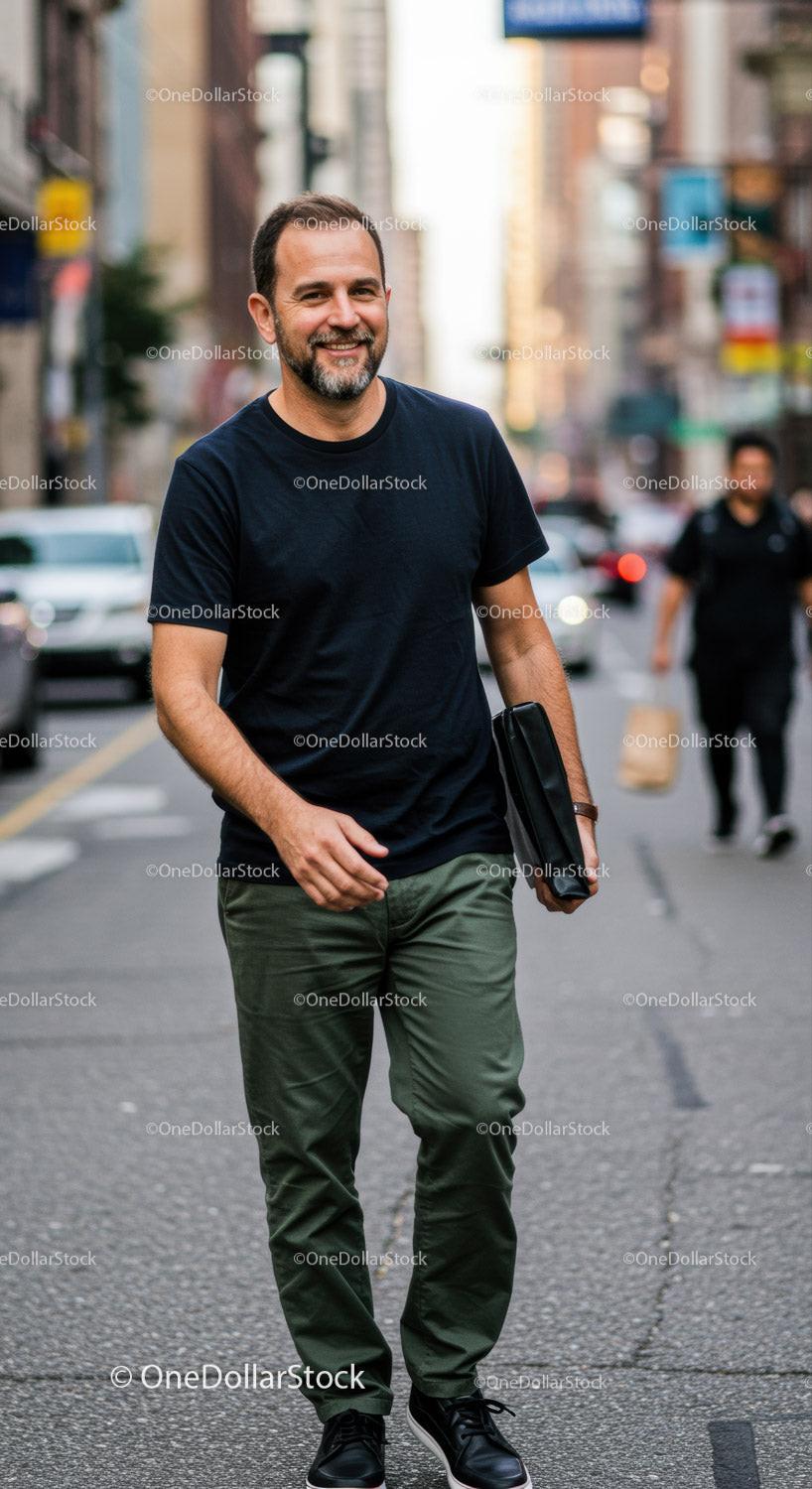 Smiling man walking confidently on urban street