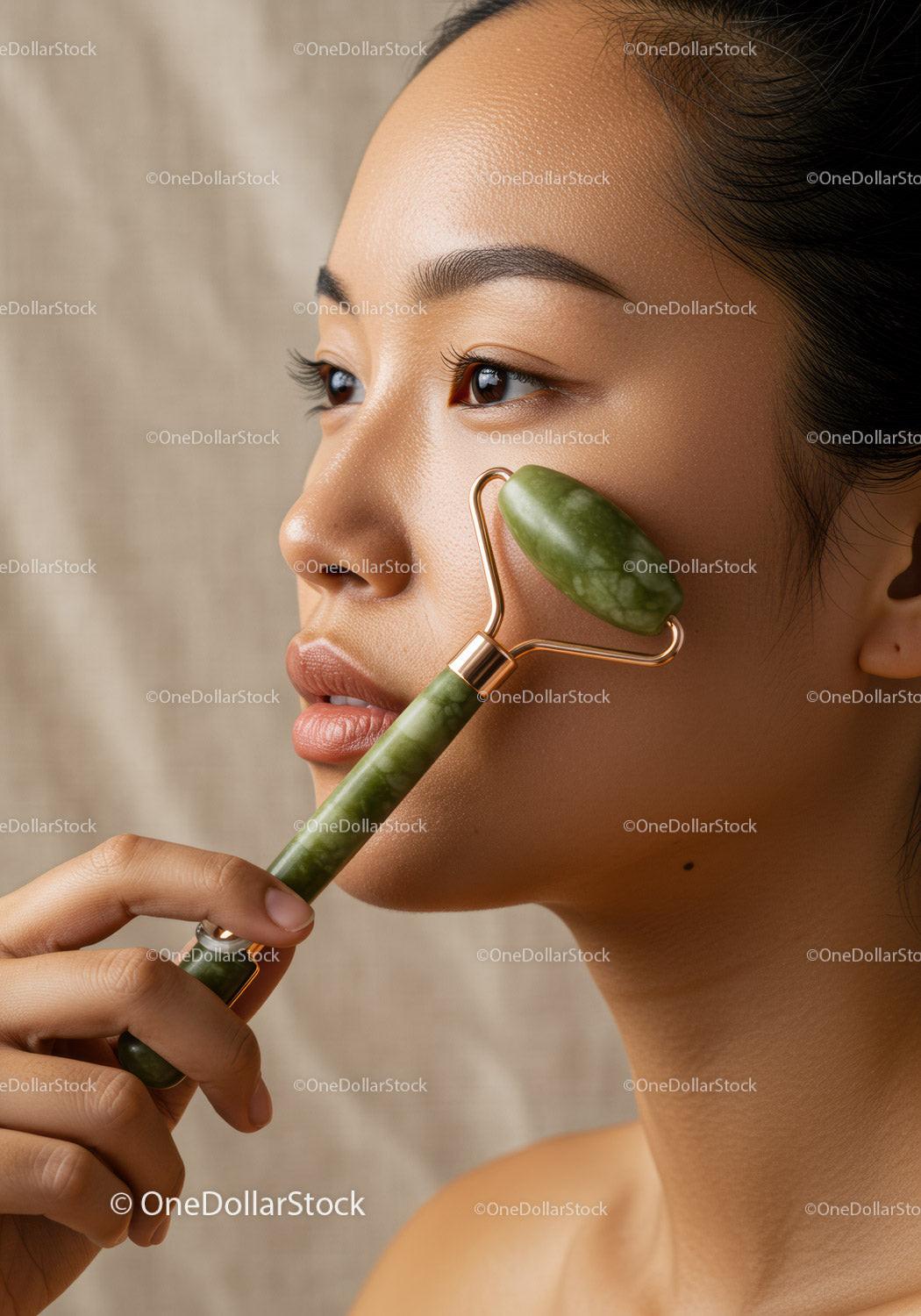 Close-up of Young Woman with Jade Roller Performing Facial Massage