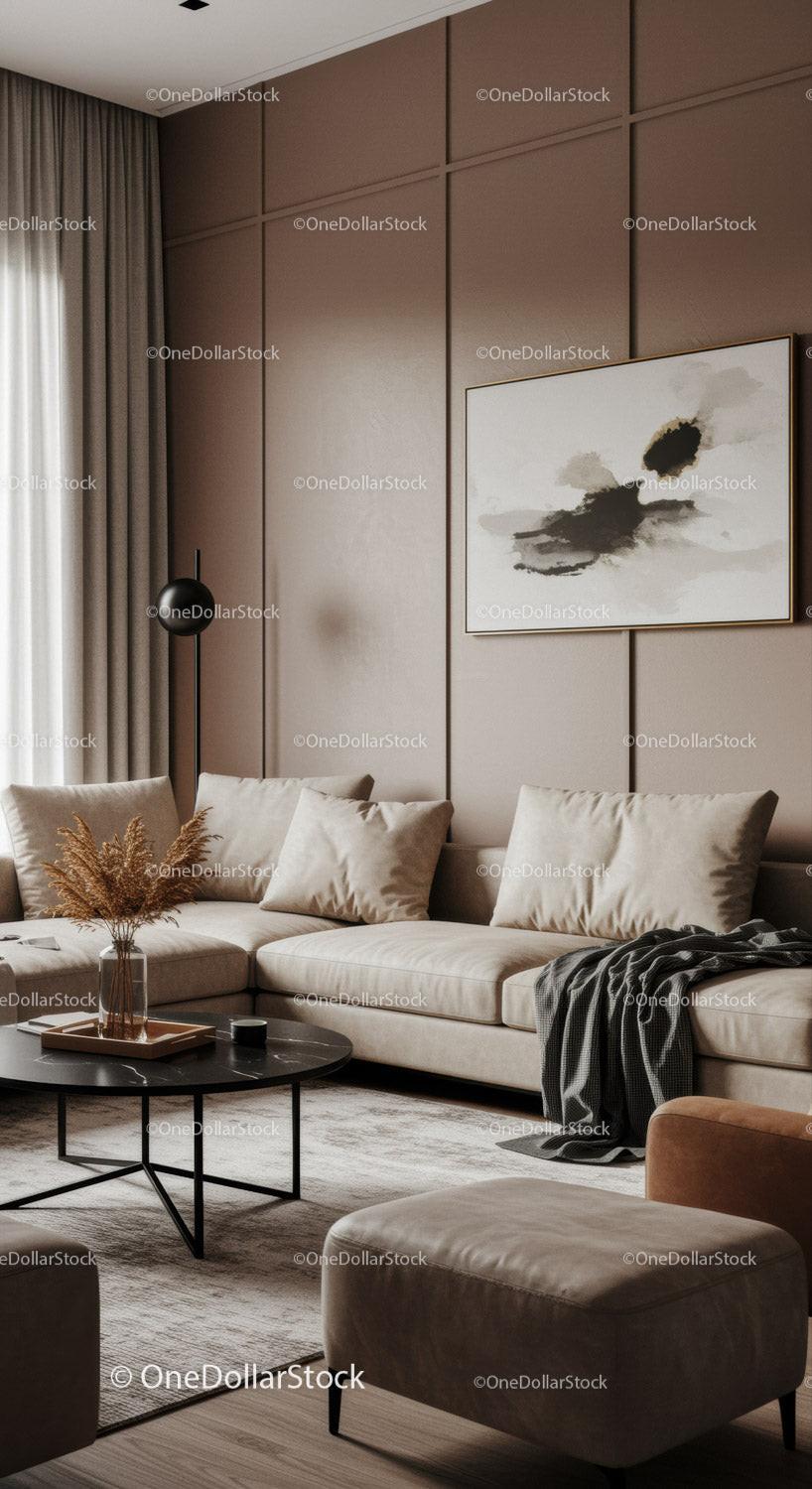 Elegant Modern Living Room with Beige Sofa and Abstract Wall Art