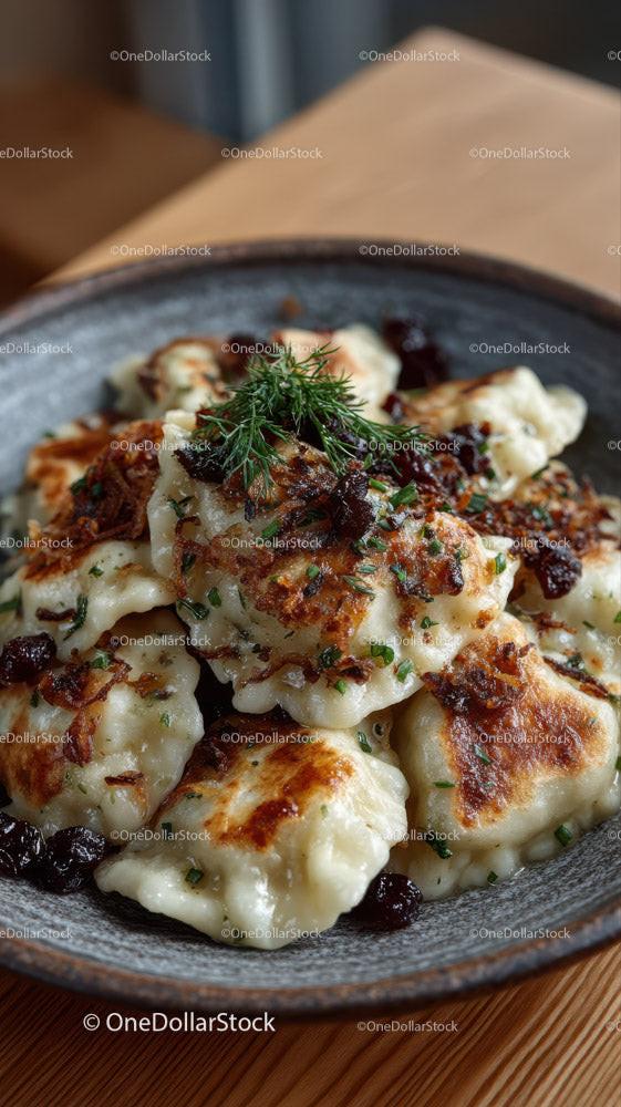 Dumplings with Bacon and Herbs Served in Rustic Bowl Stock Photo Bundle preview 6