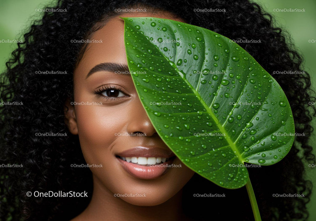 Smiling Woman with Curly Hair Holding Large Green Leaf Amid Lush Foliage