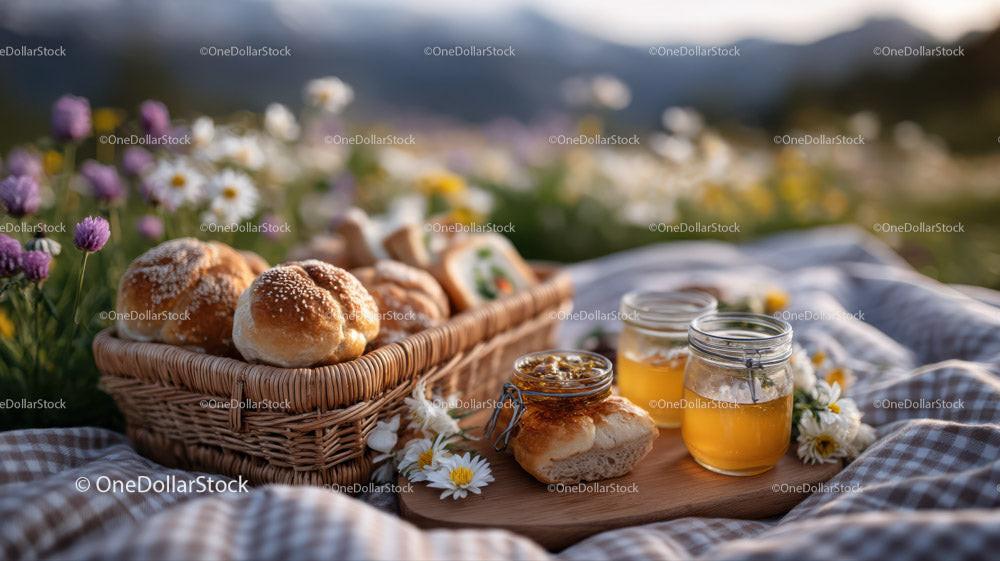 Outdoor Picnic with Fresh Baked Bread and Honey Jars in Sunlight 32 JPG Files digital asset preview