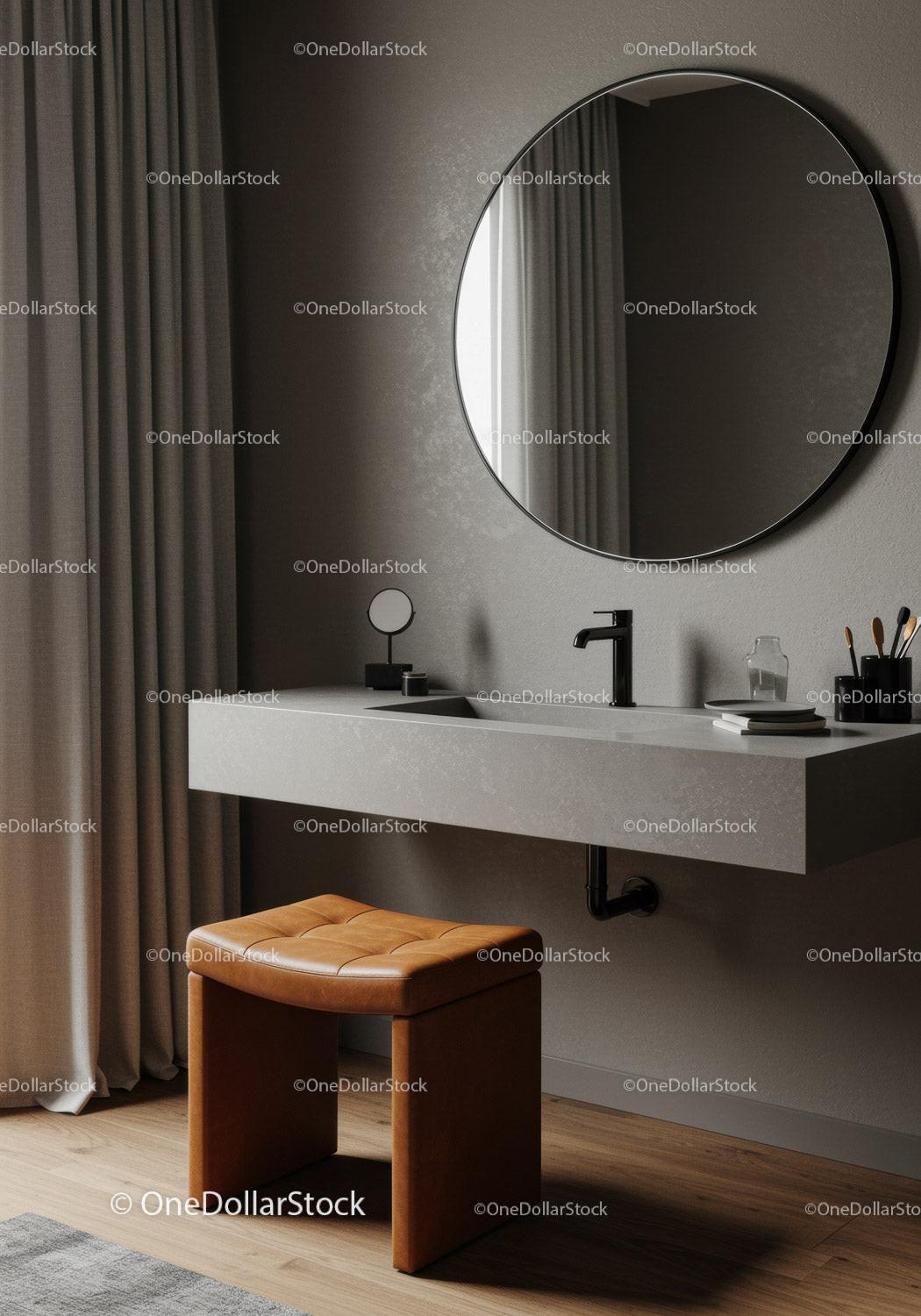 Stylish Modern Bathroom with Floating Sink and Round Mirror
