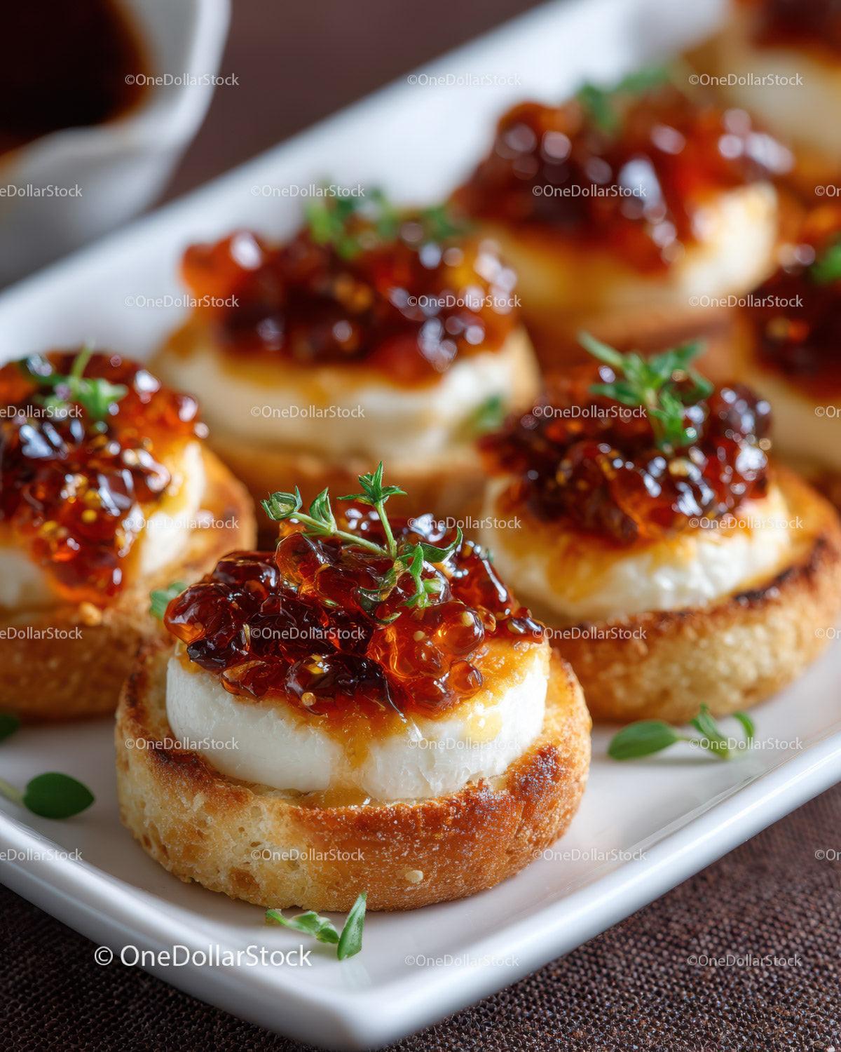Gourmet Crostini with Cheese and Red Pepper Jelly on Rustic Platter Stock Photo Bundle preview 23