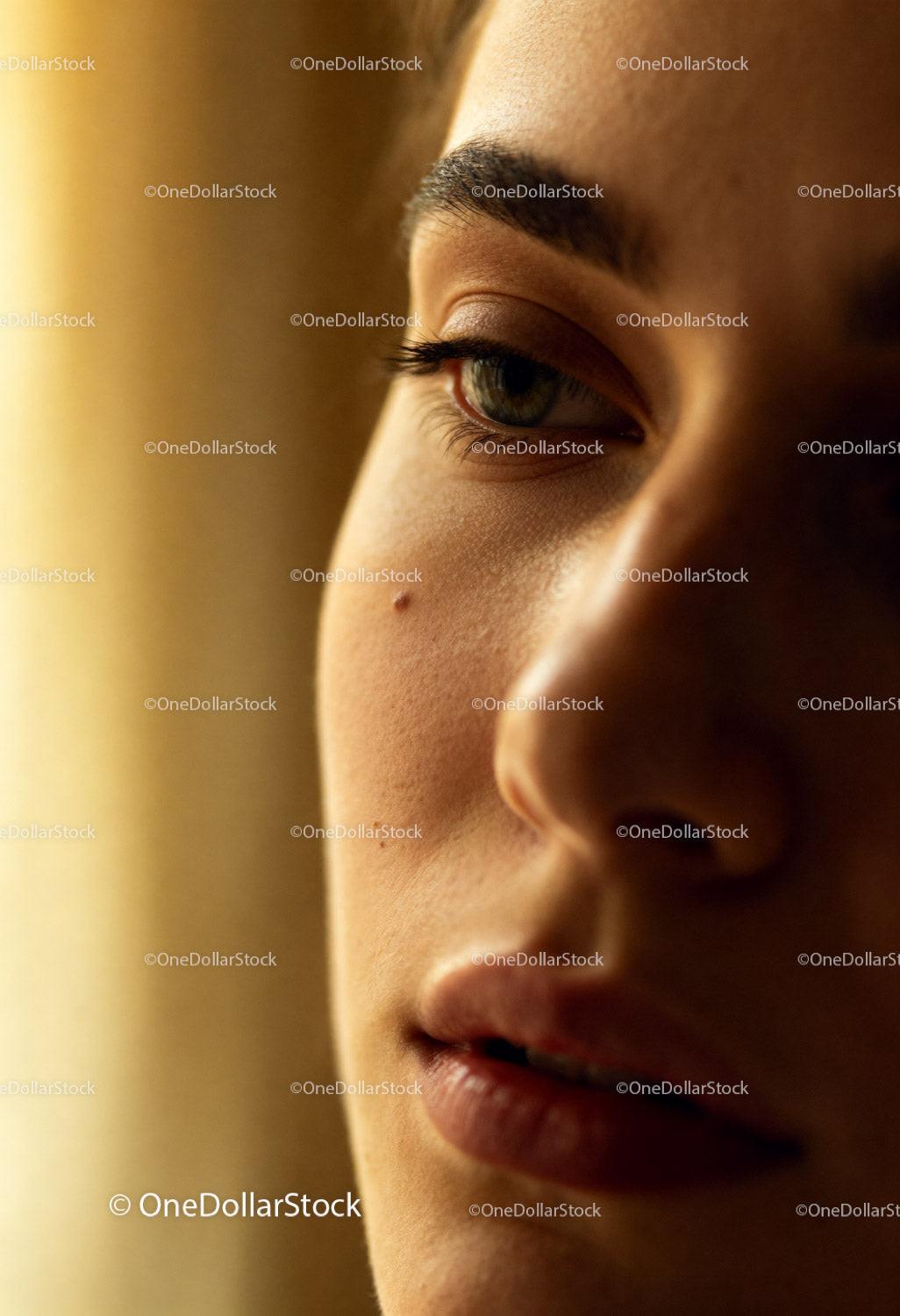 Close-up of thoughtful young woman’s face in warm light