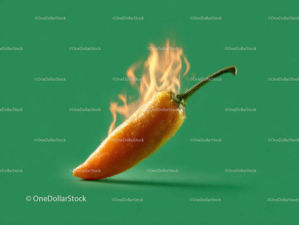 Burning Red Chili Pepper with Flames on Green Background 16 JPG Files digital asset preview