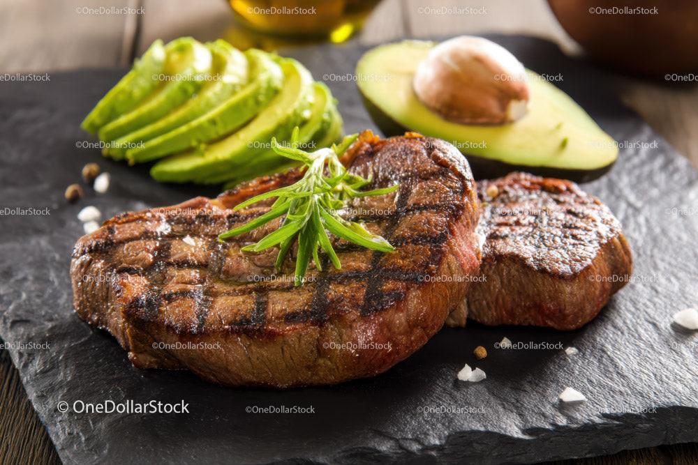 Juicy Grilled Steak with Fresh Avocado and Garlic on Rustic Board Stock Photo Bundle preview 24