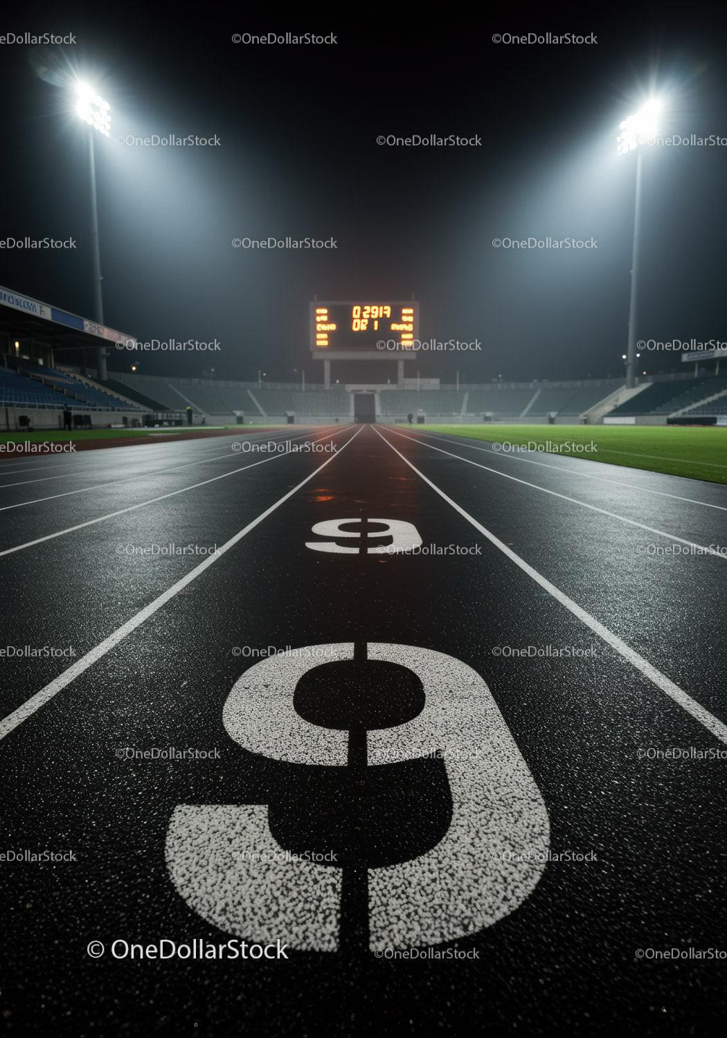 Empty illuminated running track lane nine at night stadium