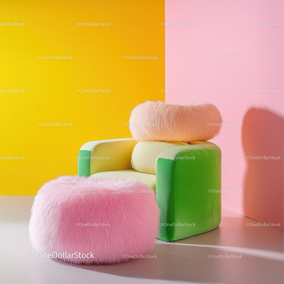 Bright Pink Armchair with Lime Green Cushion and Yellow Ottoman in Modern Living Room Stock Photo Bundle creative preview 4