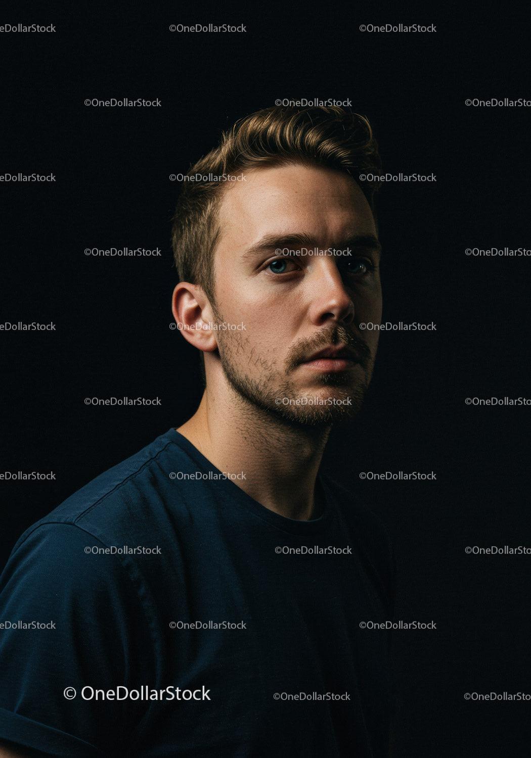 Contemplative young man with blue eyes in dark setting